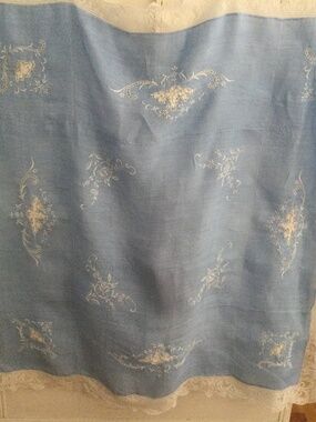 Blue Handkerchief Linen Tablecloth with white embroidery and lace 50” sq